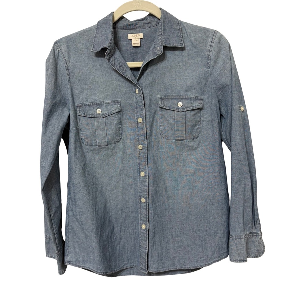J.Crew Womens Blue Cotton Chambray Roll Tab Button Down Shirt A4571 Small Petite